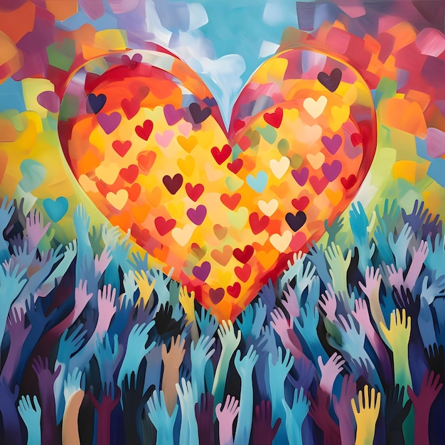 Gemalte Illustration von Dutzenden farbenfroher Hände im Gegenteil gemalte farbenfrohe Herz mit kleinen Herzen in der Mitte Herz als Symbol für Zuneigung und Liebe