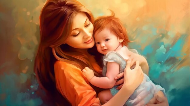 Gemaltes Bild einer jungen Mutter, die ihre Tochter in den Armen hält, Elternschaft, Muttertag, generierte KI
