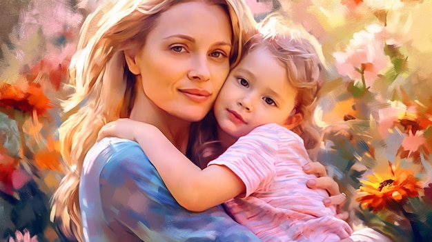 Gemaltes Bild einer jungen Mutter, die ihren Sohn in den Armen hält, Elternschaft, Muttertag, generierte KI