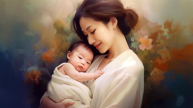 Gemaltes Bild einer jungen Mutter, die ihren Sohn in den Armen hält, Elternschaft, Muttertag, generierte KI