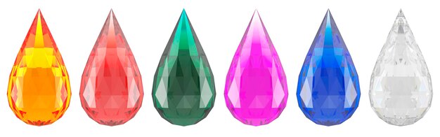 Gemas de color de corte de gota Conjunto de gemas de color en forma de gota renderización 3D