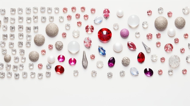 Foto gemas y joyas, incluidos diamantes, perlas y piedras preciosas de colores dispuestas contra un fondo blanco