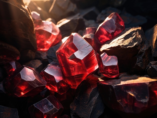 Gemas rojas en bruto visibles en las paredes rocosas de un antiguo pozo de mina