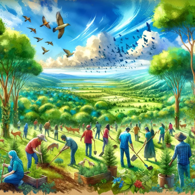 Gemeinde-Bäumenpflanzungsveranstaltung Globale Wiederaufforstung und Wiederherstellung des Ökosystems Illustration
