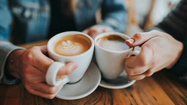 Gemeinsam bei einem Kaffee, fesselnde Nahaufnahme eines Mannes und einer Frau, die weiße Tassen in einem Café klingeln