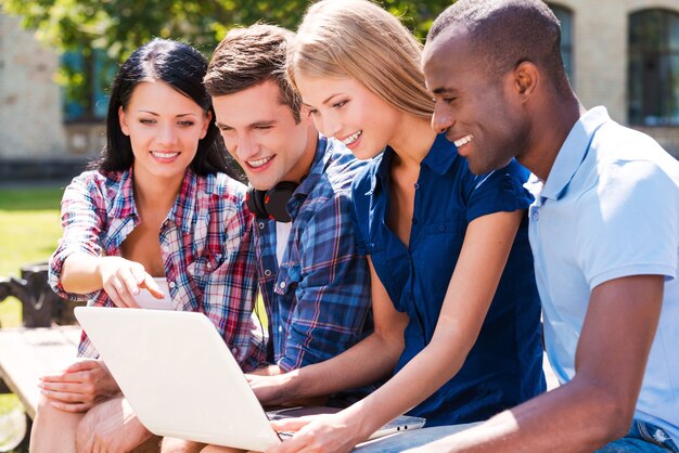 Gemeinsam im Netz surfen. Vier glückliche junge Leute, die Laptop betrachten und lächeln, während sie zusammen im Freien sitzen