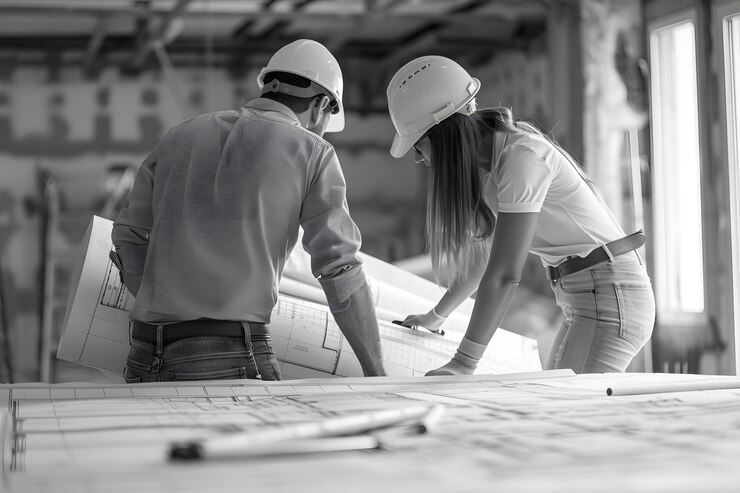 Gemeinsame Planung bei Bauingenieuren bei der Überprüfung von Bauplänen