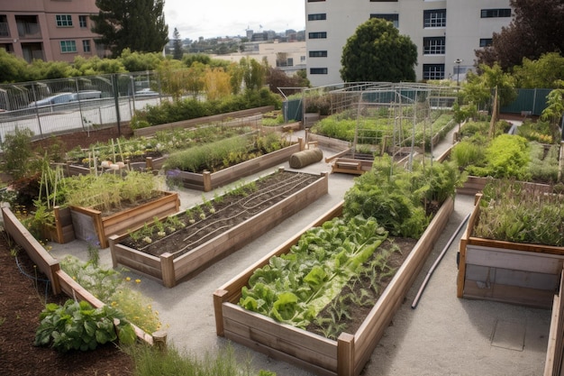 Gemeinschaftsgarten mit Gemüse und Kräutern, die in Hochbeeten wachsen, die mit generativer KI angelegt wurden