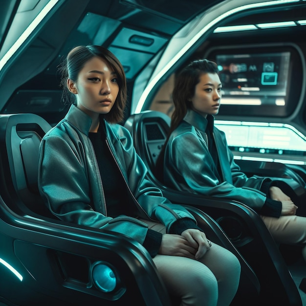 Gemelos ai generativos hermanas de mujeres asiáticas sentadas en autos eléctricos autodirigidos