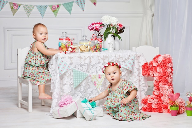 Gemelos de un año en el cumpleaños. Lindas hermanas gemelas celebrando su primer cumpleaños