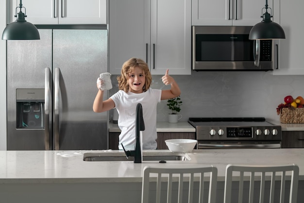 Gemelos divertidos ayudando en la cocina con lavar platos Niños divirtiéndose con las tareas del hogar Niño lavando platos en el interior de la cocina Niño ayudando a sus padres con las tareas del hogar