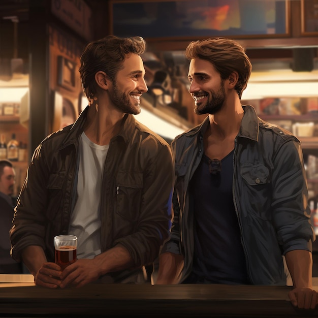 Foto gemelos negros hiperrealistas parados en la azotea del bar y tomando una copa con la misma ropa