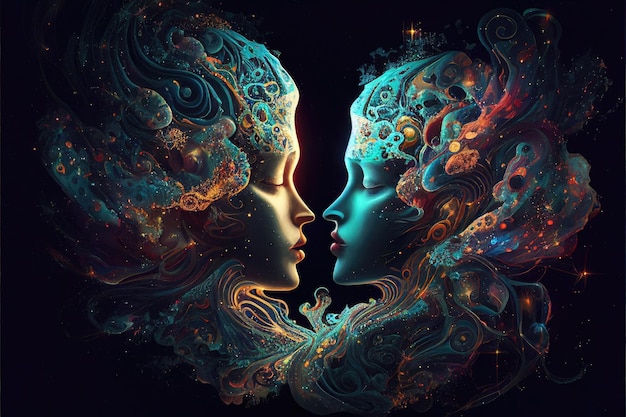 Gemini Zodiac Sign Horoskop Symbol Magic Astrology Twins in Fantastic Night Sky Generative AI Illustration