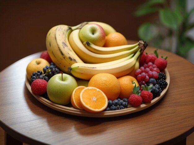 Foto gemischte früchte mit apfel, banane, orange und anderen in runden formen auf einem tisch