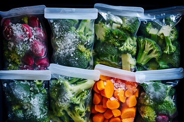 Gemischte gefrorene verschiedene Gemüse in Plastiktüten mit Eis-Topp-Ansicht