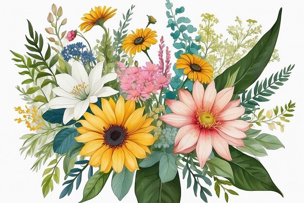 Gemischte Medien Blumendesign Sommerblumenbucket mit botanischer Kunst