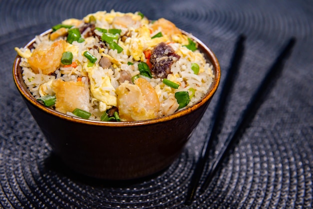 Gemischter gebratener Reis mit Huhn, Karotte, Frühlingszwiebeln, Ei und Stäbchen, serviert in einer Schüssel, Seitenansicht des chinesischen Essens