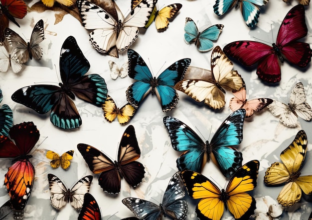 Gemischter Satz farbiger und schöner Schmetterlinge auf isoliertem weißem Hintergrund Generative KI
