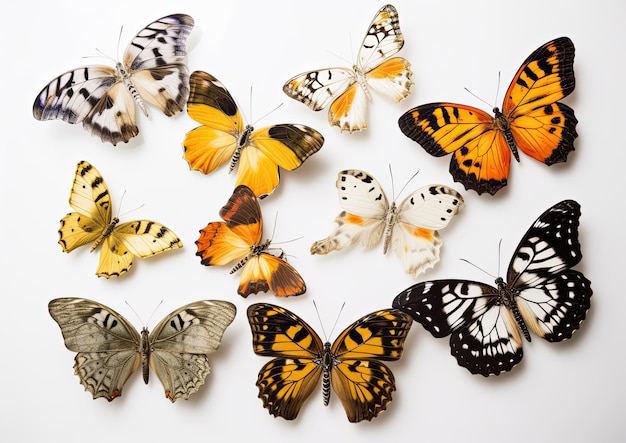 Gemischter Satz farbiger und schöner Schmetterlinge auf isoliertem weißem Hintergrund Generative KI
