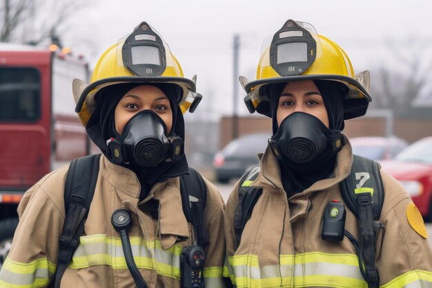 Gemischtrassige Feuerwehrfrauen am Internationalen Frauentag