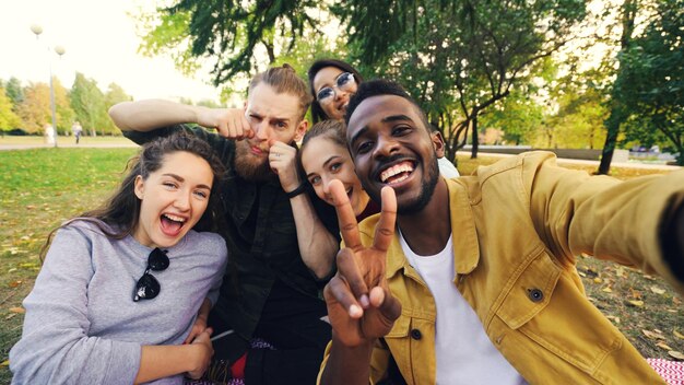 Gemischtrassige Gruppe von Freunden macht Selfie im Park, sitzt auf einer Decke, posiert und schaut in die Kamera Afroamerikanischer junger Mann hält Gerät und Touchscreen