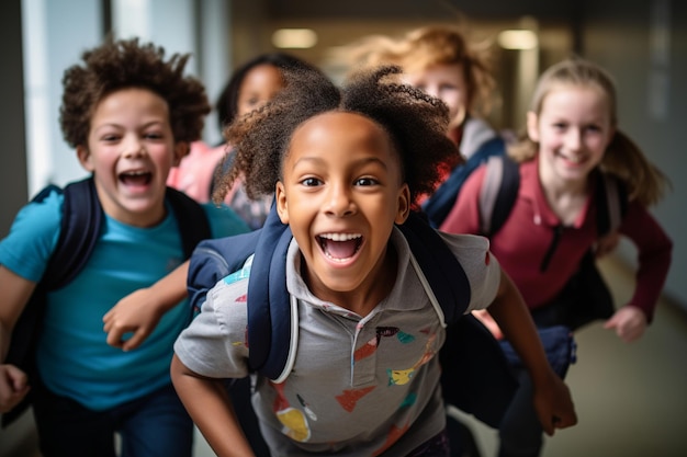 Gemischtrassige Kinder rennen durch den Schulkorridor und verkörpern die Aufregung zum Schulanfang