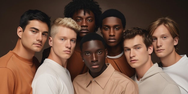 Gemischtrassige Männer aus den Vereinigten Staaten in einer Gruppe im Stil von hellem Weiß und dunklem Bernstein. Erfolgreiche Menschen verschiedener Rassen und Religionen
