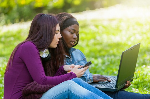 Gemischtrassige Paare von den Frauen, die Laptop und Handy am Park verwenden.