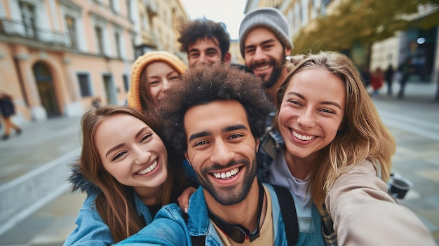 Gemischtrassiges Selfie mit Freunden, die auf der Stadtstraße spazieren, junge Leute, die Spaß haben, Teenager, die über Kamerafreundschaft und Tourismuskonzept lachen