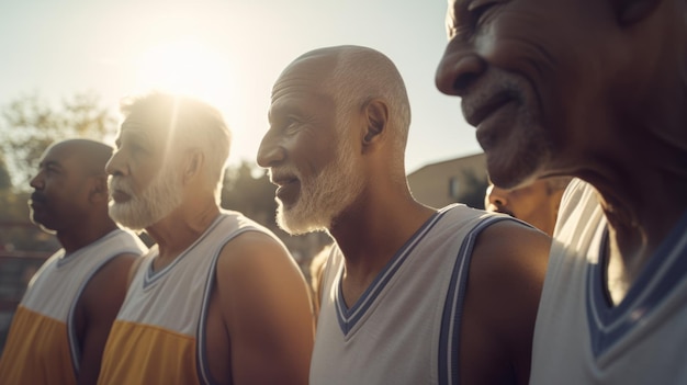 Gemischtrassiges Senior-Basketballteam bei Sonnenuntergang mit spielbereitem Hintergrundlicht