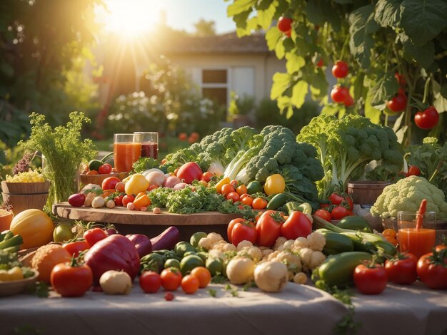 Gemüse auf einem Tisch in einem Garten im Sonnenlicht