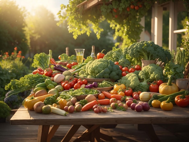 Gemüse auf einem Tisch in einem Garten im Sonnenlicht