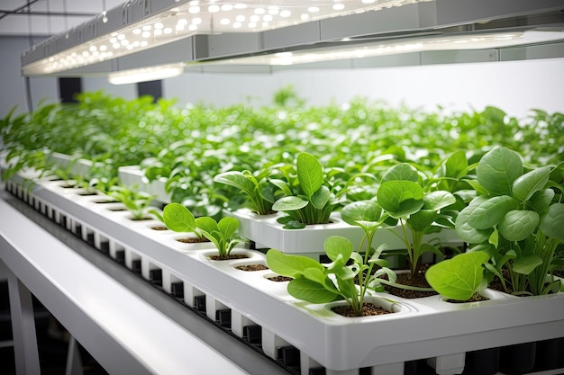 Gemüse-Hydrokultursystem Grüner Salat-Gemüsegarten wächst auf Hydrokultursystem Nutzpflanzen auf Wasser Landwirtschaft im Gewächshaus für gesunde Ernährung Foto erstellt mit Leonardo AI
