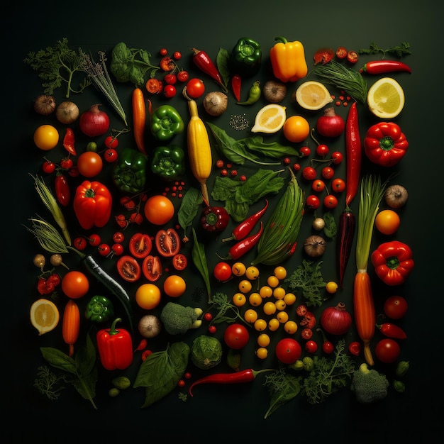 Gemüse im Kreis auf dunklem Hintergrund angeordnet