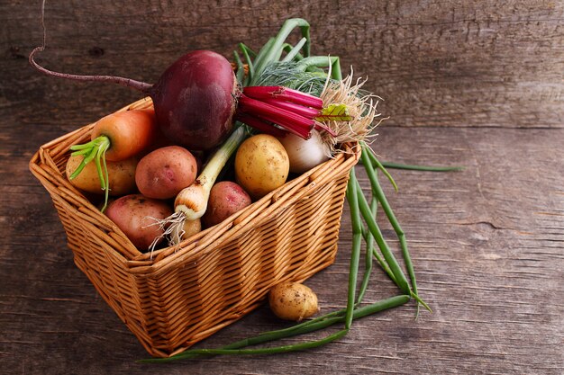 Gemüse in einem Korb: rote Rüben, Zwiebeln, Knoblauch, Dill, Kartoffeln, Karotten auf einem alten hölzernen Hintergrund