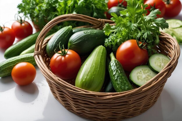 Foto gemüse korb tomaten gurken petersilie isoliert auf weiß