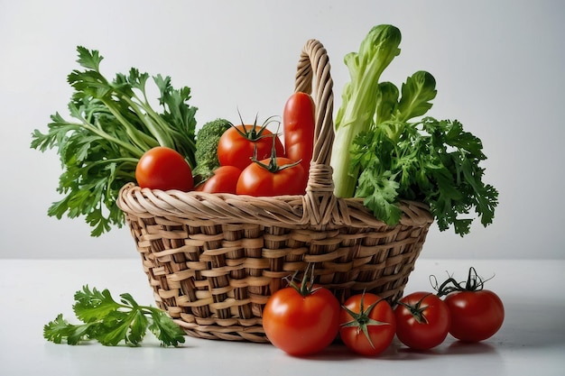 Gemüse Korb Tomaten Gurken Petersilie isoliert auf weiß