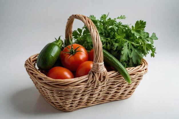 Gemüse Korb Tomaten Gurken Petersilie isoliert auf weiß