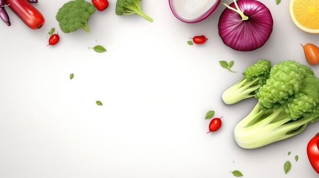 Gemüse-Layout, weißer Hintergrund, isoliert. Frische vegane Bio-Produkte. Header-Banner-Mockup mit von der KI generiertem Kopierraum