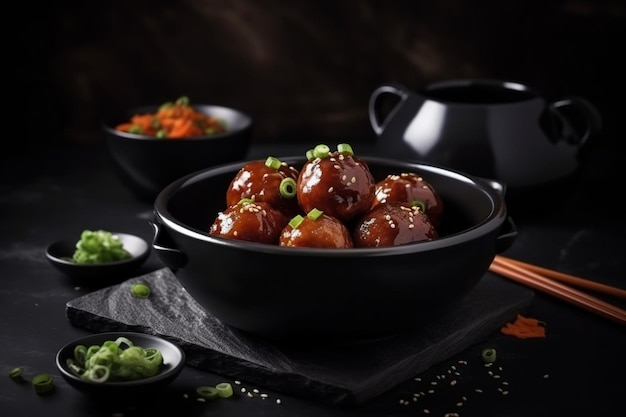 Gemüse-Mandschurische Soßenbällchen in schwarzer Schüssel auf Tischplatte aus dunklem Schiefer. Vegetarische Mandschurische
