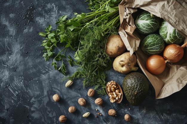 Gemüse, Obst, Stillleben auf dem Tisch