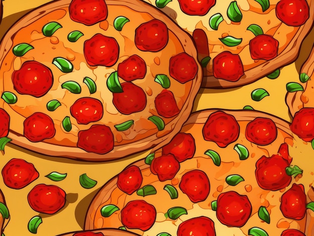 Gemüse-Pizza-Gezeichnet-Stil nahtlose Fliesen generative KI