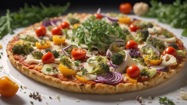 Gemüse und Kräuter auf einem frisch gebackenen Blumenkohl-Pizzaboden mit einer Prise Parmesankäse