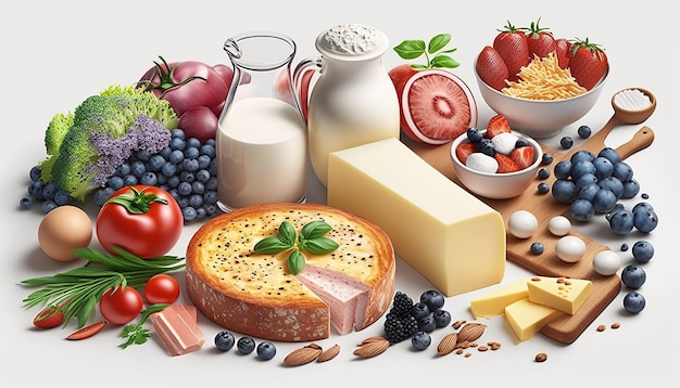 Gemüse und Obst Milch Fleisch auf weißem Hintergrund Generative AI