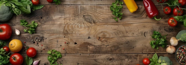 Gemüse und Obst mit Kräutern auf einem Holztisch Generative KI