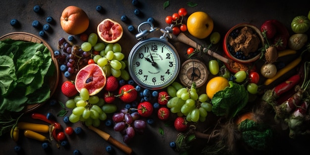 Foto gemüse und obst rund um den wecker diät und gesunder lebensstil konzept draufsicht