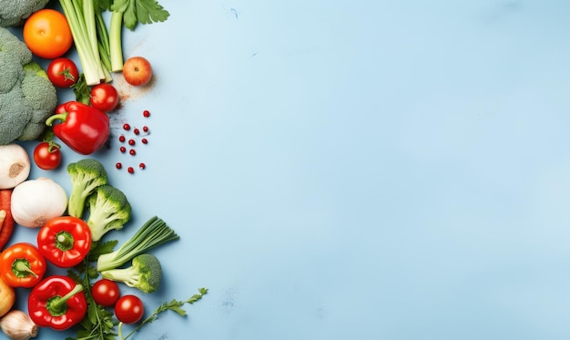 Gemüse von oben auf blauem Hintergrund, Kochzutat, Karotten, Tomaten, Gurken, Paprika, Brokkoli, Zwiebeln, Banner für vegetarische Bio-Lebensmittel, Kopierraum, erstellt mit generativen KI-Tools
