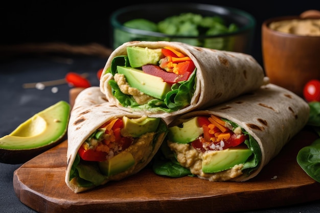 Gemüse-Wrap mit Hummus und Avocadoscheiben auf warmem Fladenbrot