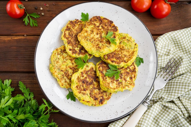 Gemüse-Zucchini-Pfannkuchen mit Käse-Dill und Petersilie auf einem Teller mit Sauerrahm