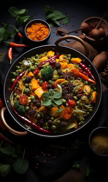 Gemüsebiryani-Gericht mit buntem Gemüse und duftendem indischen kulinarischen Kultur-Layout-Website
